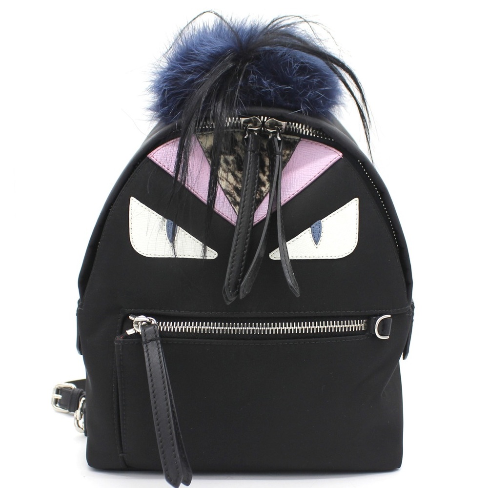 FENDI Black Nylon and Leather Monster Eyes Mini Backpack Bag In Excellent